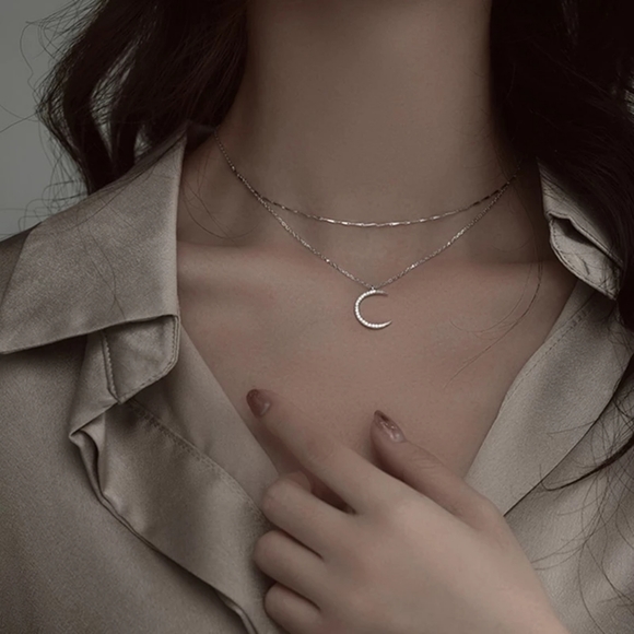 NEW | Crescent Moon Multi Layer Pave Diamond Necklace - Picture 2 of 15